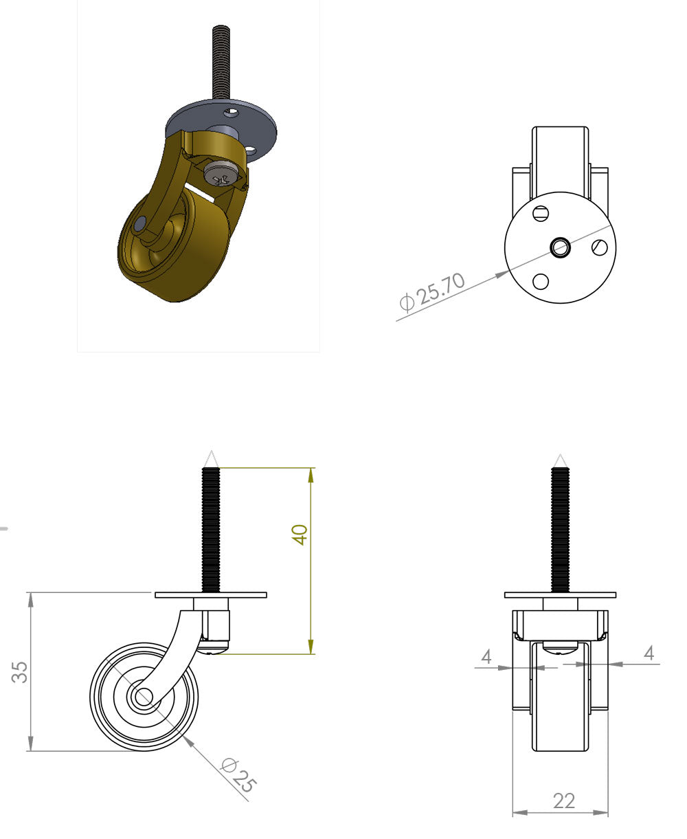 Brass Screw Castor with Square Embellisher