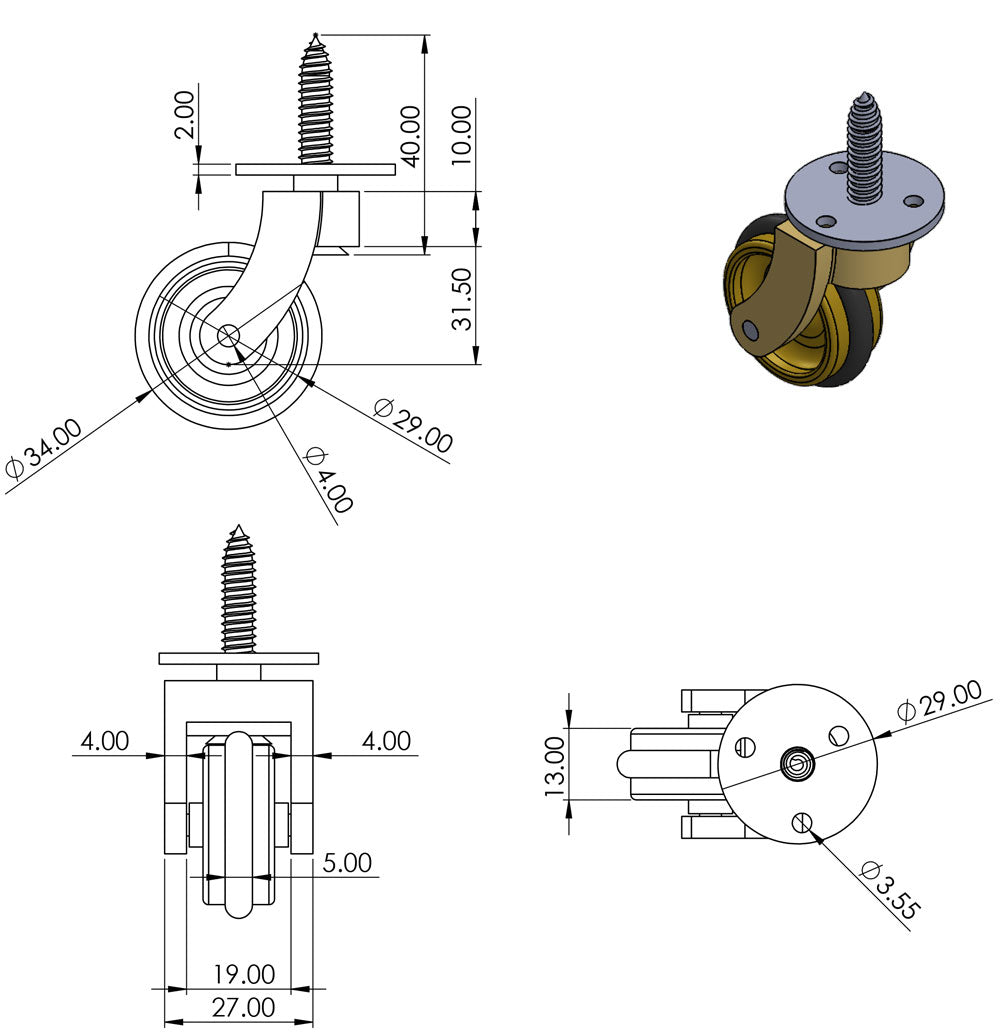 Brass Screw Castor with Rubber Tyre and Square Embellisher