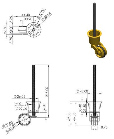 Brass Castor Round Cup with Rubber Tyre and Threaded Bolt