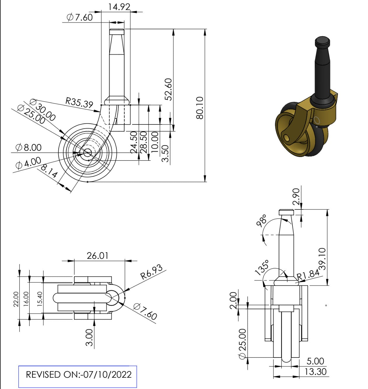 Brass Castor Grip Neck with Rubber Tyre and Socket