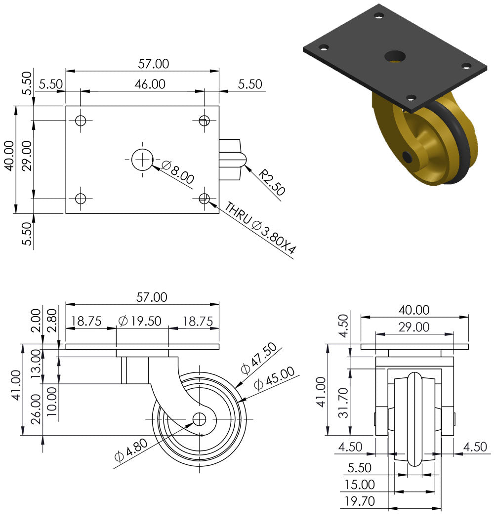 Brass Castor Universal Plate with Rubber Tyre