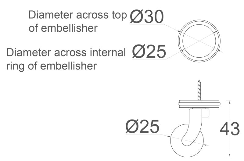 Brass Screw Castor with White Ceramic Wheel and Round Embellisher